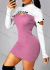 Wholesale Women's Sexy Bodycon Mock Neck Colorblock Cutout Button Decro Club Dress - Liuhuamall