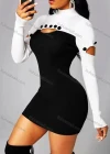 Wholesale Women's Sexy Bodycon Mock Neck Colorblock Cutout Button Decro Club Dress - Liuhuamall