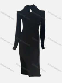 Wholesale Women's Elegant Plain Crew Neck Cut Out Cold Shoulder Long Sleeve Split Side High Waist Dress, LIUHUA CLOTHING WHOLESALE