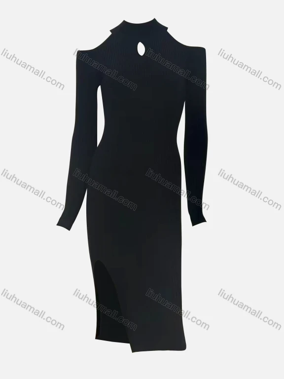 Wholesale Women's Elegant Plain Crew Neck Cut Out Cold Shoulder Long Sleeve Split Side High Waist Dress