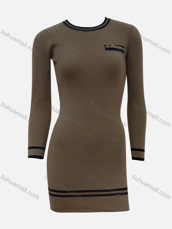 Wholesale Women's Casual Plain Striped Trim Crew Neck Long Sleeve High Waist Tee Dress