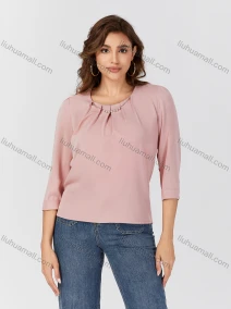 Wholesale Women's Casual Plain Metal Pearl Decor Ruched Crew Neck Half Sleeve Blouse 2498#, LIUHUA CLOTHING WHOLESALE