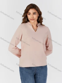 Wholesale Women's Casual Plain Pearl Necklace Decor Notched Collar Long Sleeve Blouse 2501#, LIUHUA CLOTHING WHOLESALE