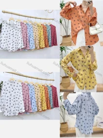 Wholesale Women's Collared Loose Fit Allover Butterfly Print Patch Pocket Long Sleeve Shirt 5390#, LIUHUA CLOTHING WHOLESALE