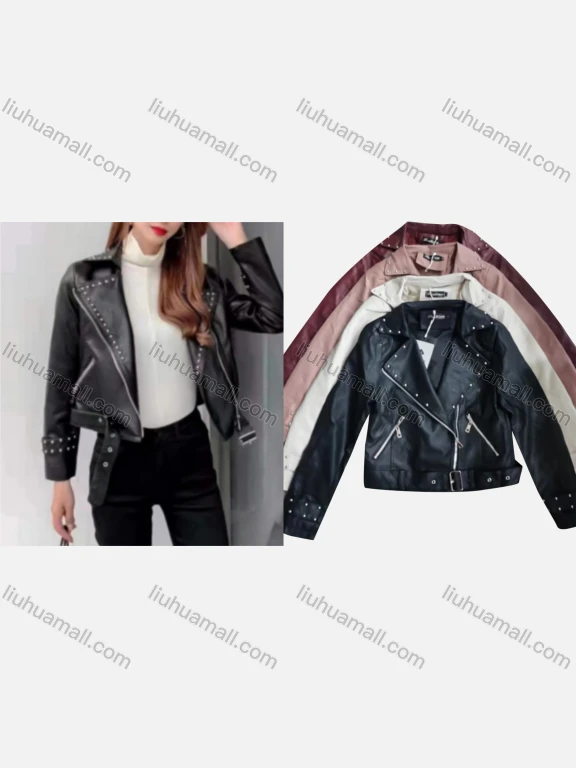 Wholesale Women's Casual Plain Rivet Lapel Long Sleeve Zipper PU Leather Jacket With Belt