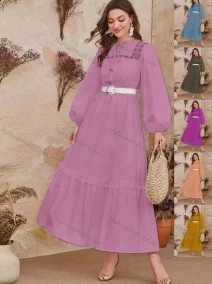 Wholesale Women's Elegant Vintage Tie Neck Long Sleeve Ruffle Hem Maxi Dress With Belt, LIUHUA CLOTHING WHOLESALE