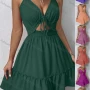 Wholesale Women's Sexy Plain Deep V Neck Spaghetti Straps Tie Front Ruffle Trim Shirred Cut Out Ruuffle Hem Short Cami Dress preview