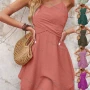 Wholesale Women's Casual Plain Crossover Spaghetti Straps Layered Zip Back Ruffle Hem Short Dress preview