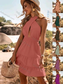 Wholesale Women's Sexy Crossover Plain Cut Out Backless Ruched High Waist Short Halter Dress, LIUHUA CLOTHING WHOLESALE