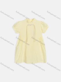 Wholesale Girls Cute Stand Collar Puff Sleeve Bow Knot Zipper Back Plain Short Dress 3507#, LIUHUA CLOTHING WHOLESALE
