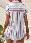 Wholesale Women's Rolled Sleeve Striped Pocket Curved Hem Casual Shirt - Liuhuamall