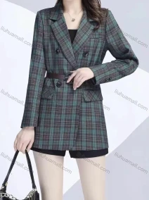 Wholesale Women's Casual Long Sleeve Lapel Double Breasted Plaid Print Blazer With Belt, LIUHUA CLOTHING WHOLESALE