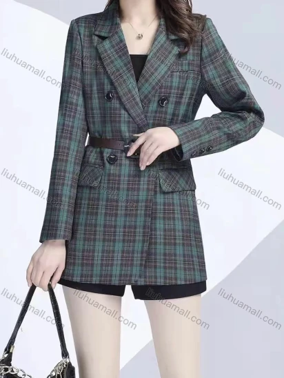 Wholesale Women's Casual Long Sleeve Lapel Double Breasted Plaid Print Blazer With Belt