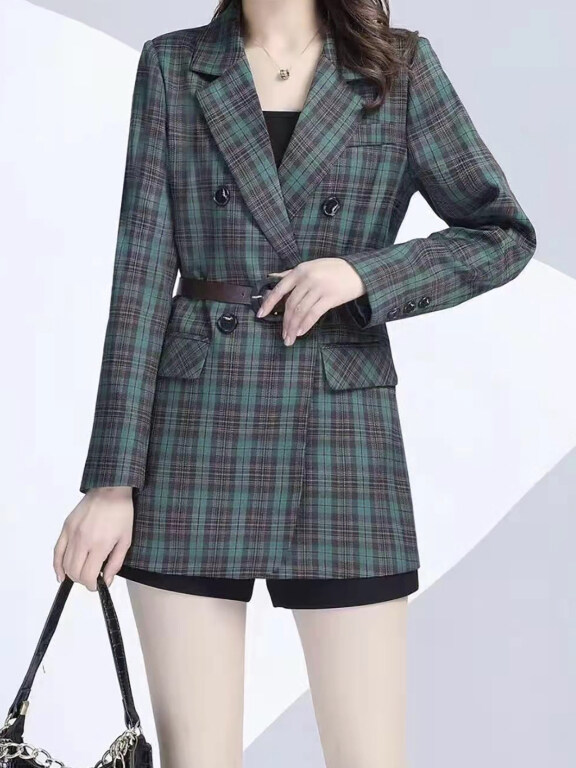 Women's Casual Long Sleeve Lapel Double Breasted Plaid Print Blazer With Belt, Clothing Wholesale Market -LIUHUA, WOMEN, Suits-Blazers