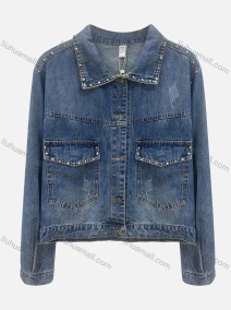 Wholesale Women's Fashion Collared Long Sleeve Button Down Rhinestone & Pearl Decor Crop Denim Jacket, LIUHUA CLOTHING WHOLESALE