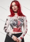 Wholesale Women's Fashion Y2K Long Sleeve Mesh Semi-sheer Graffiti Print Crop Top Q21TP726# - Liuhuamall