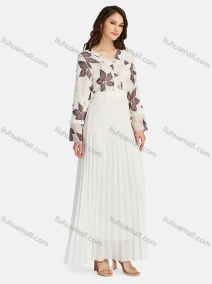 Wholesale Women's Casual V Neck Ruffle Trim Peplum Floral Pleated Maxi Dress K005#, LIUHUA CLOTHING WHOLESALE
