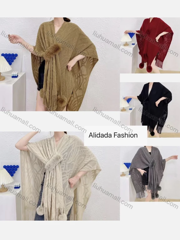 Wholesale Women's Casual Pompom Tie Tassel Trim Shawl