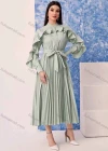 Wholesale Women's Fashion Plain Button Front Ruffle Trim Long Sleeve Pleated Midi Dress With Belt - Liuhuamall