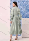 Wholesale Women's Fashion Plain Button Front Ruffle Trim Long Sleeve Pleated Midi Dress With Belt - Liuhuamall