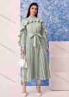 Wholesale Women's Fashion Plain Button Front Ruffle Trim Long Sleeve Pleated Midi Dress With Belt - Liuhuamall