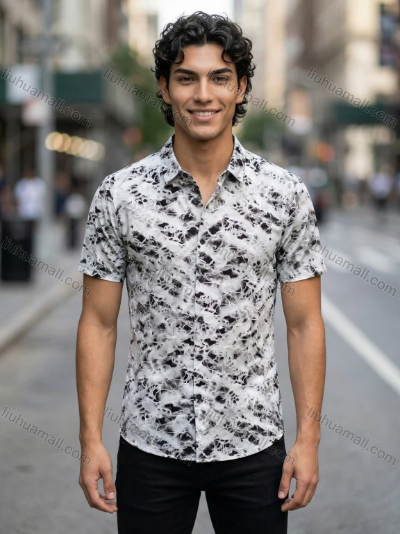 Wholesale 2026 New Arrival Men's Slim Fit Short Sleeve Polo Shirt Abstract Black White Print Wholesale In Stock Casual Business Fa