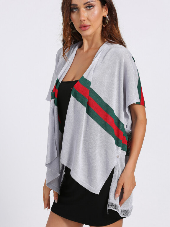 Women's Stripe Colorblock Button Side Knitted Cape, Clothing Wholesale Market -LIUHUA, All Categories
