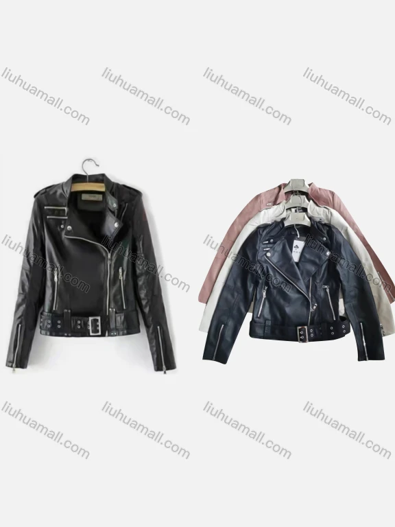 Wholesale Women's Casual Plain Lapel Long Sleeve Zipper PU Leather Jacket With Belt