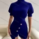 Wholesale Women's Casual Plain High Neck Lantern Sleeve Belted Button Decor Romper E1003L# 18# Clothing Wholesale Market Liuhua