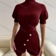 Wholesale Women's Casual Plain High Neck Lantern Sleeve Belted Button Decor Romper E1003L# 21# Clothing Wholesale Market Liuhua