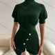 Wholesale Women's Casual Plain High Neck Lantern Sleeve Belted Button Decor Romper E1003L# 23# Clothing Wholesale Market Liuhua