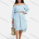 Wholesale Women's Denim Off Shoulder Frayed Raw Hem Button Down Knee Length Dress With Belt Light Blue Clothing Wholesale Market Liuhua