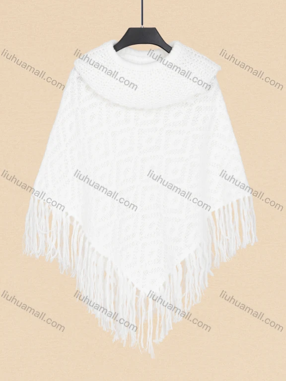 Wholesale Women's High Neck Knitted Plain Tassel Fringe Trim Poncho 80068#