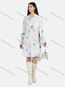 Wholesale Women's Collar Button Down Buckle Strap Cuff Sequin Dual Pockets Tie Dye High Low Hem Shirt Dress, LIUHUA CLOTHING WHOLESALE