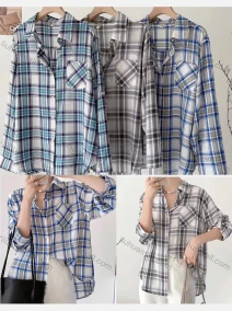 Wholesale Women's Collared Loose Fit Plaid Print Patch Pocket Long Sleeve Shirt 373#, LIUHUA CLOTHING WHOLESALE