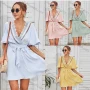 Wholesale Women's Deep V Neck Lace Embroidery Trim Drawstring Wrap Short Dress With Belt 3117G# preview