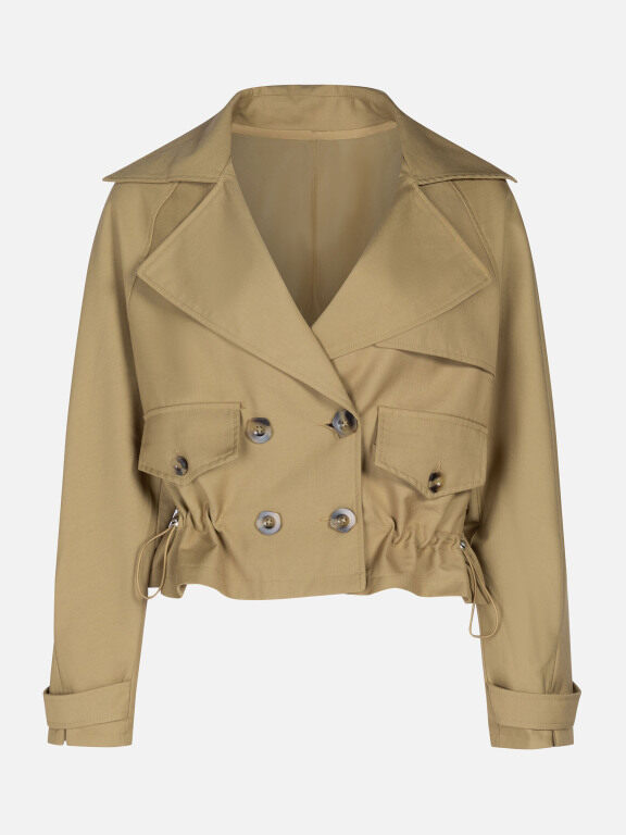Women's Casual Plain Lapel Double Breasted Long Sleeve Flap Pockets Drawstring Crop Trench Coat Jacket, Clothing Wholesale Market -LIUHUA, Coats%20%26%20Jackets