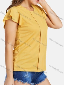 Wholesale Women's Casual Round Neck Ruffle Sleeve Plain Tops, LIUHUA CLOTHING WHOLESALE