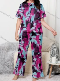 Wholesale Women's Lounge Milk Silk Tie Dye Short Sleeve Crew Neck T-shirt & Pant Soft Pajamas Sets DM02304-16#, LIUHUA CLOTHING WHOLESALE
