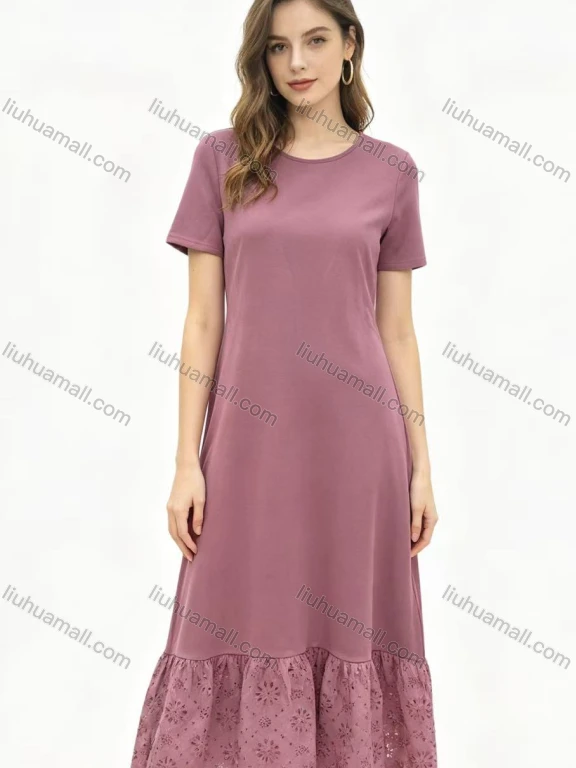 Wholesale Women's Knitted Dress with Splicing & Hollow Embroidery