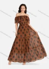 Wholesale Women's Casual Off Shoulder Ruffle Trim Polka Dot Tiered Hem Maxi Dress B632# - Liuhuamall