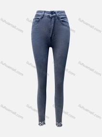 Wholesale Women's Casual Plain Multiple Pockets Metal Ring Decor Frayed Raw Hem Skinny Jeans 4209#, LIUHUA CLOTHING WHOLESALE
