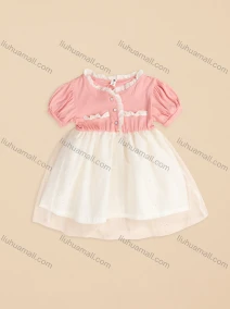 Wholesale Girls Cute Puff Sleeve Ruffle Trim Button Front Lace Hem Short Dress 3508#, LIUHUA CLOTHING WHOLESALE