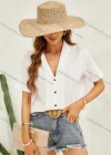 Wholesale Women's Lapel Deep V Neckk Short Sleeve Button Down Plain Blouse AY260# - Liuhuamall