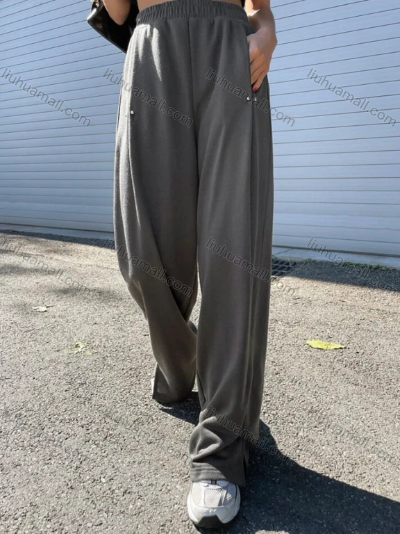 Wholesale Women's Casual Plain High Waist Patch Pocket Wide Leg Long Pants