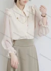 Wholesale Women's Casual Collared Poet Sleeve Chain Decor Button Front Plain Blouse 126609# - Liuhuamall