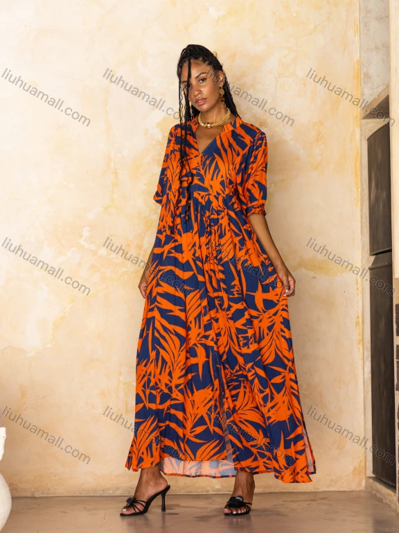 Wholesale Women's Casual Leaf Print V Neck Half Sleeve Ruched Split Hem Maxi Dress CD008#