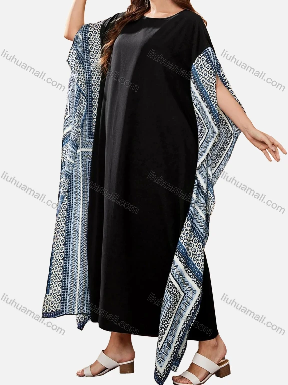 Wholesale Women's Vintage Print Round Neck Batwing Sleeve Maxi Kaftan
