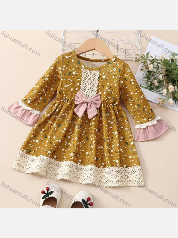 Wholesale Baby Floral Print Round-Neck Bell Sleeve Lace Trim Hem Bow-knot Dress