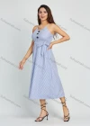 Wholesale Women's Casual Striped Print Button V Neck Cami Maxi Dress With Belt - Liuhuamall